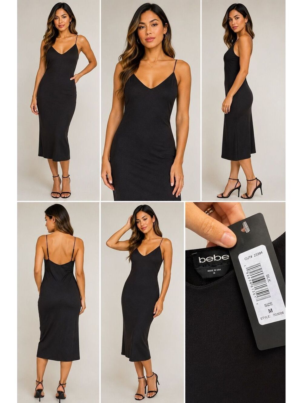 246. NWT! BEBE•Black Slip Dress•Chic Minimalist Bodycon Midi Dress•MEDIUM - Picture 1 of 4